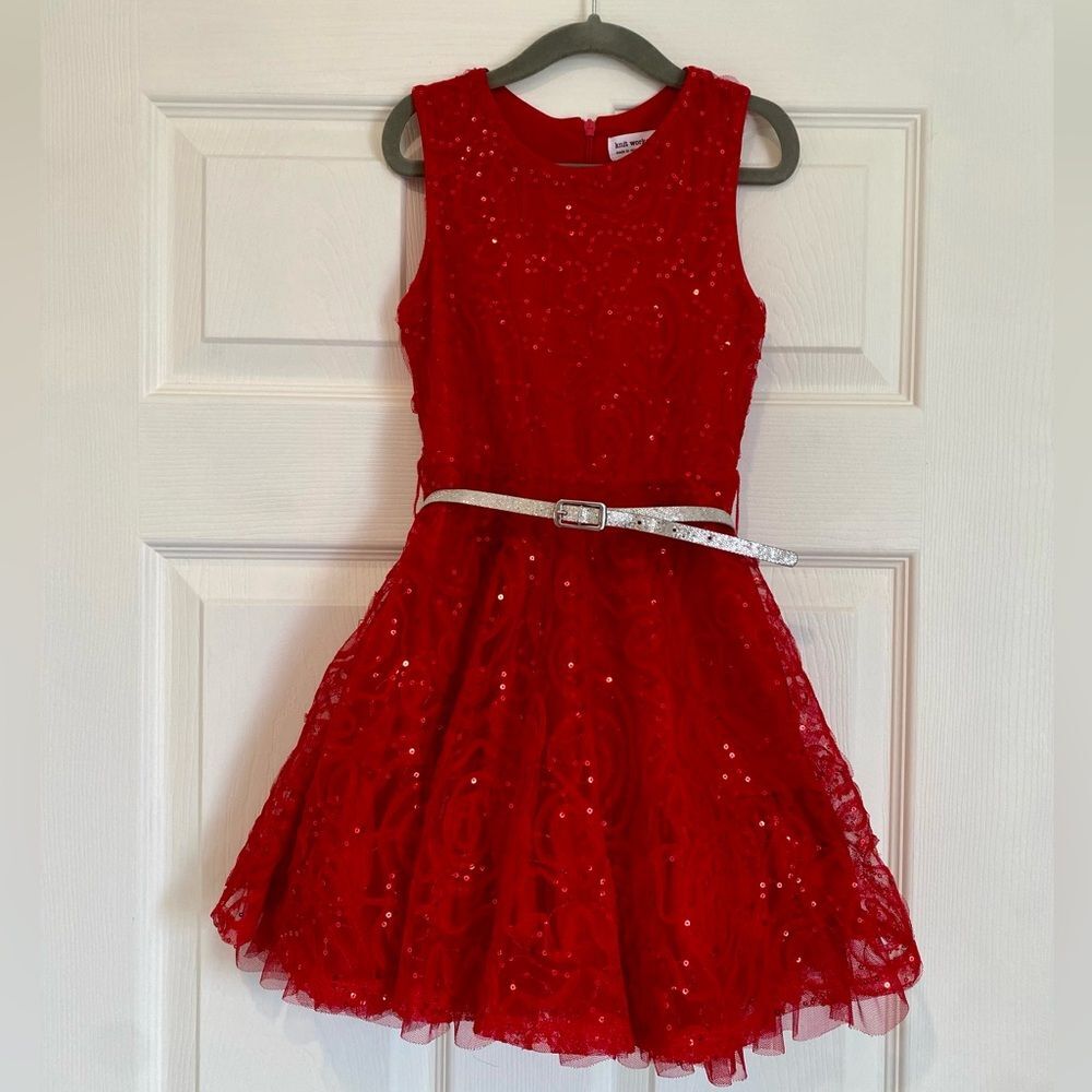 Knitworks Red Girls Holiday Special Occasion Dress with Silver Belt